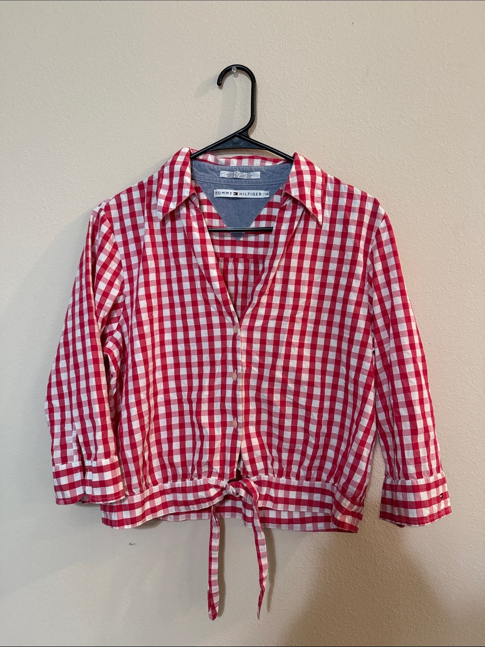 Tommy Hilfiger Red & White Gingham Tie-Waist Button Down Shirt